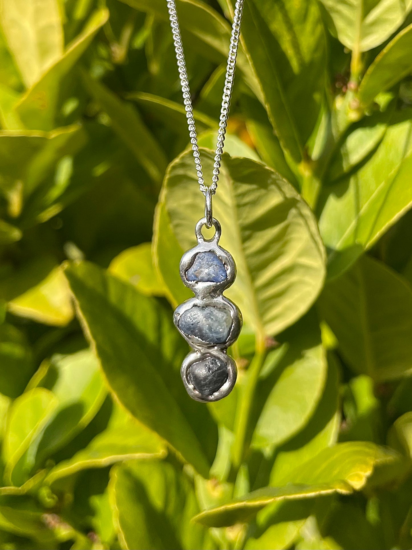 Raw Tasmanian Sapphire sterling silver stacked pebble necklace