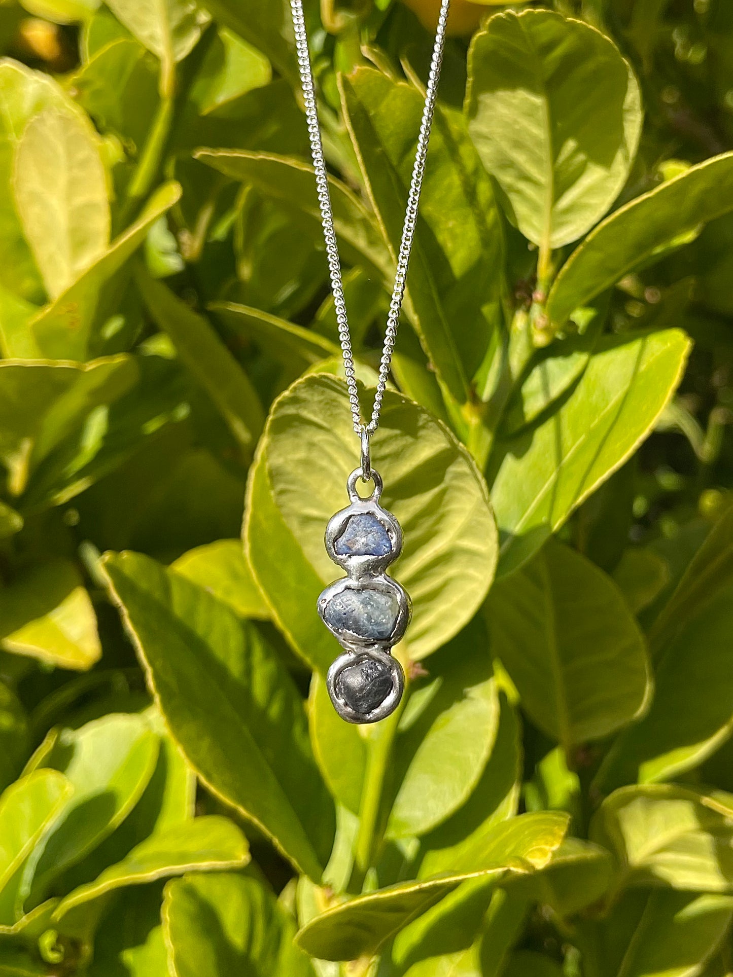 Raw Tasmanian Sapphire sterling silver stacked pebble necklace