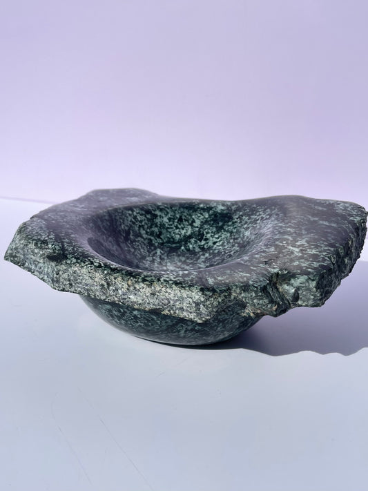 Tasmanian Green Gabbro entirely carved bowl with natural edge