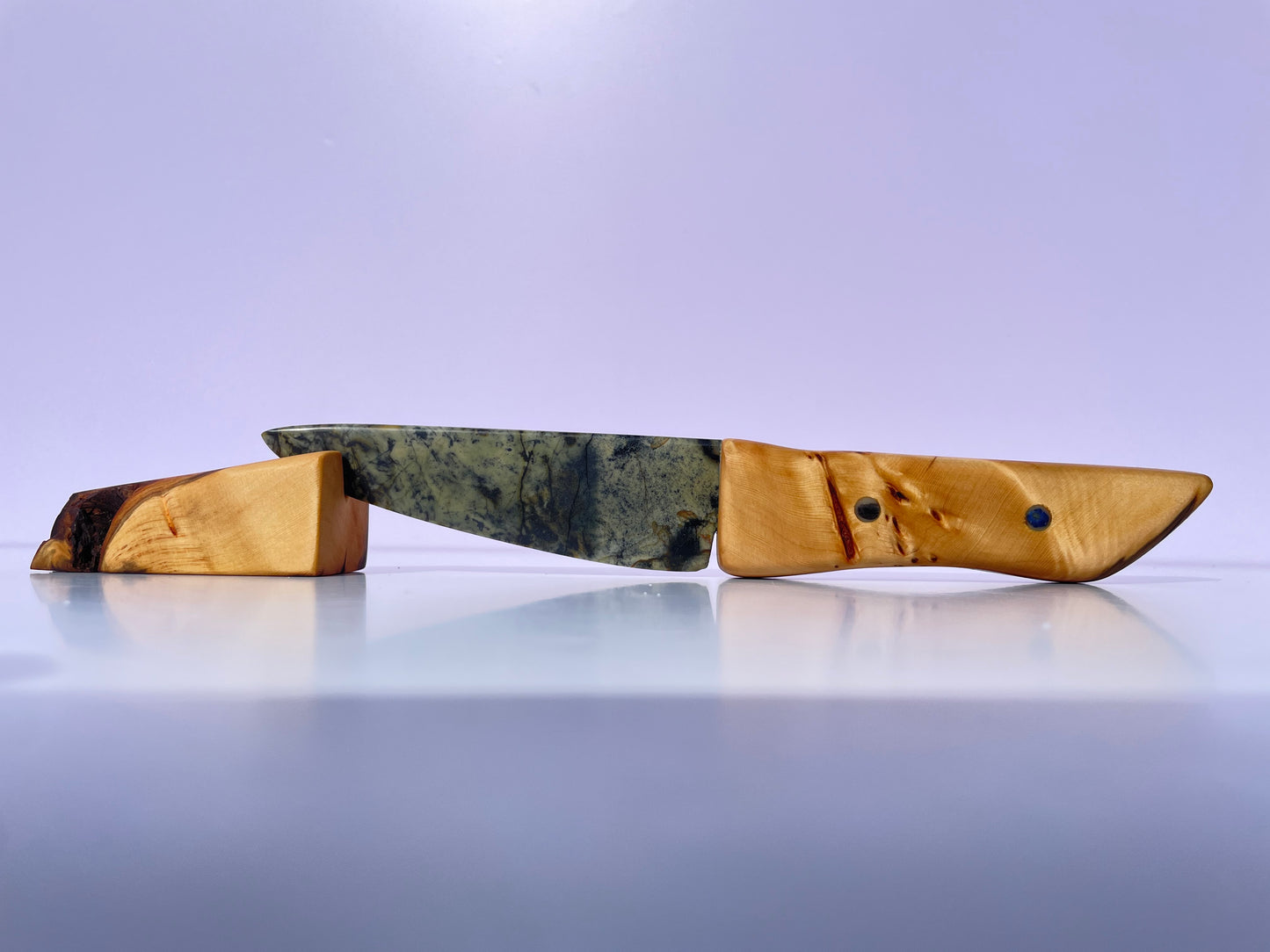 Tasmanian Jade & Black Magnetite knife with birdseye Huon Pine, Serpentine Pyroxene & Sapphire handle