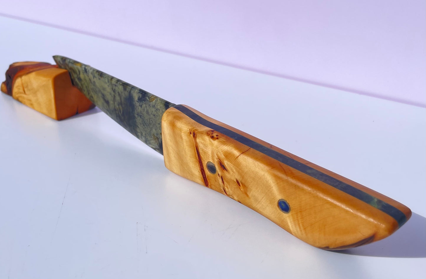 Tasmanian Jade & Black Magnetite knife with birdseye Huon Pine, Serpentine Pyroxene & Sapphire handle