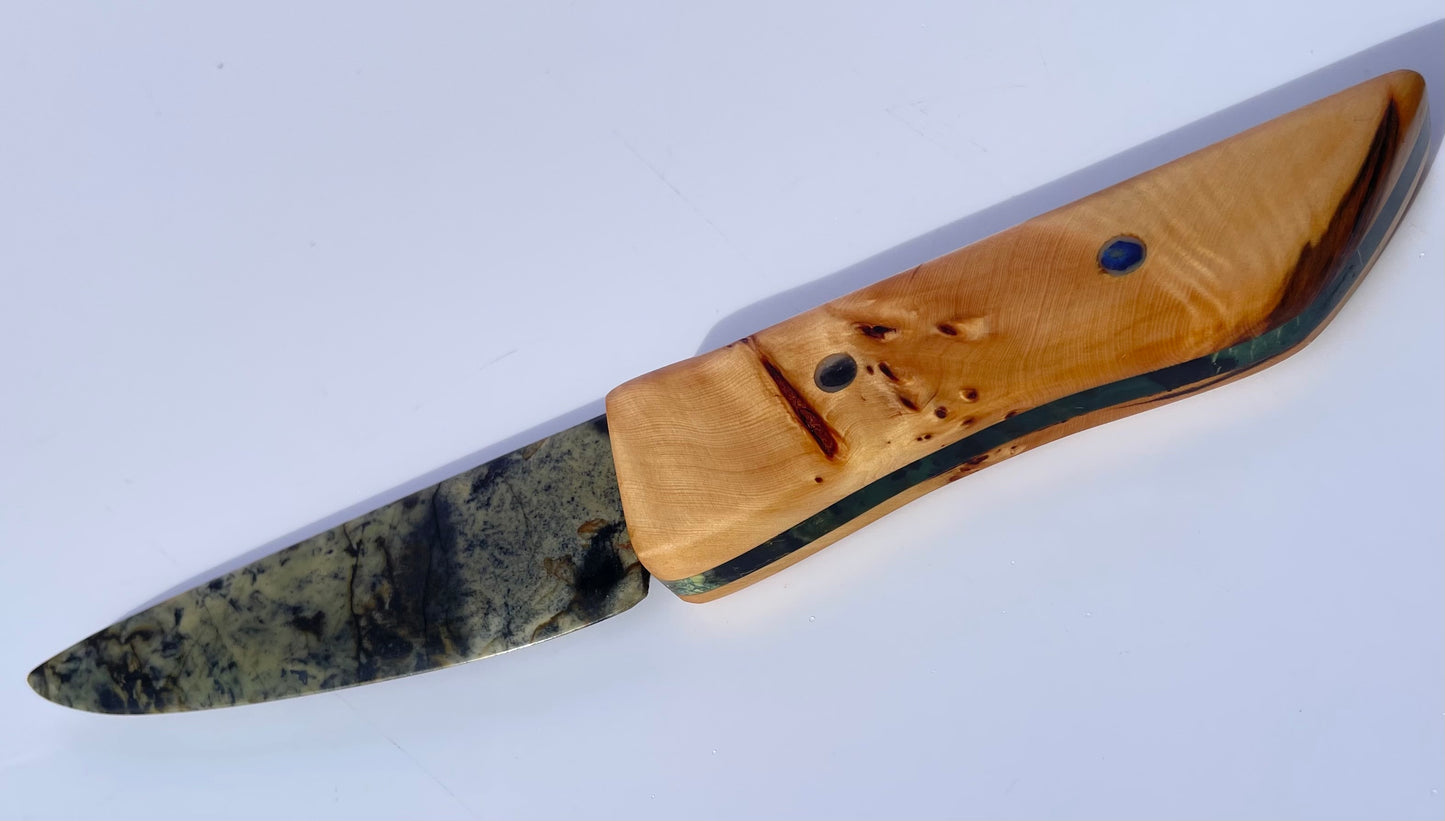 Tasmanian Jade & Black Magnetite knife with birdseye Huon Pine, Serpentine Pyroxene & Sapphire handle