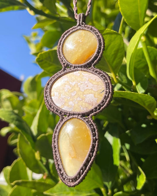 Tasmanian Chalcedony & Common Opal / Calcite macrame talisman necklace