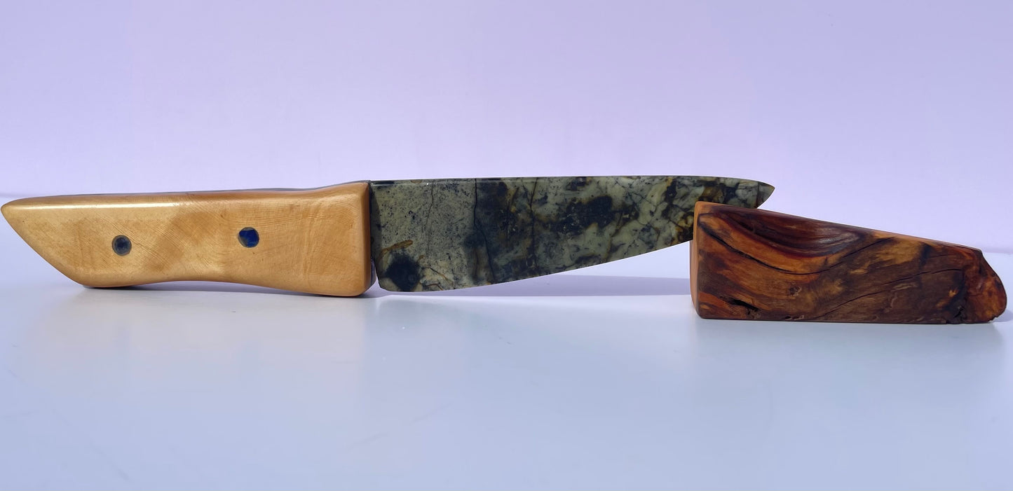 Tasmanian Jade & Black Magnetite knife with birdseye Huon Pine, Serpentine Pyroxene & Sapphire handle