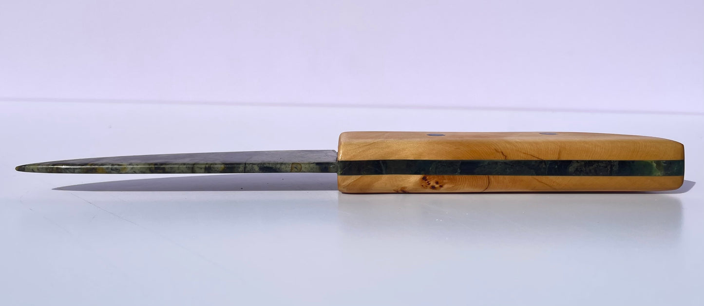 Tasmanian Jade & Black Magnetite knife with birdseye Huon Pine, Serpentine Pyroxene & Sapphire handle