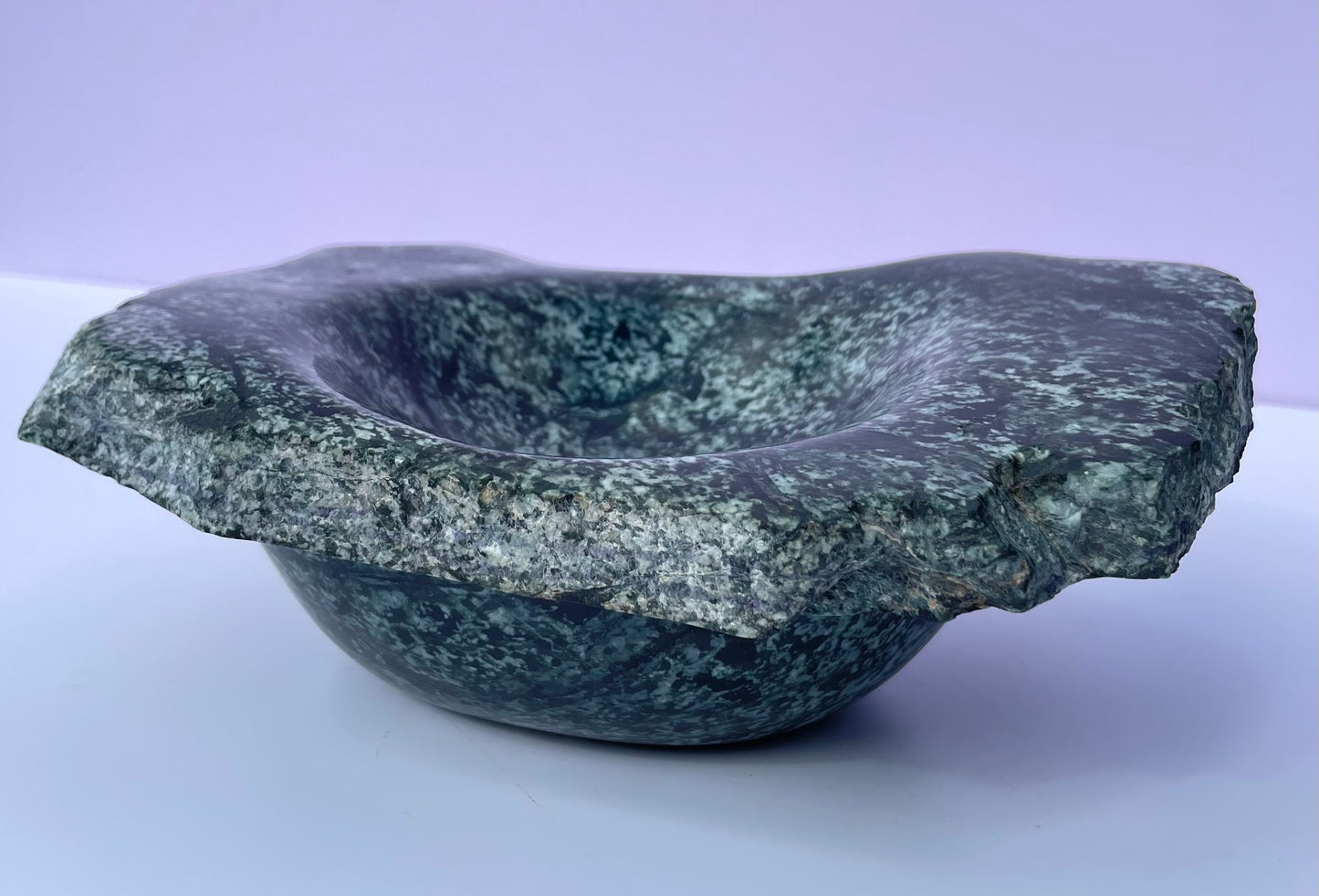 Tasmanian Green Gabbro entirely carved bowl with natural edge