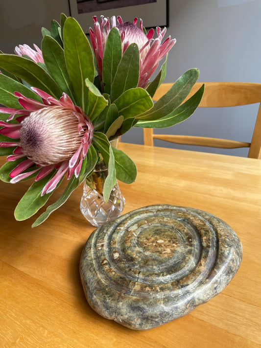 Spiral carved Tasmanian Jade, Diopside, Black Magnetite + more bowl