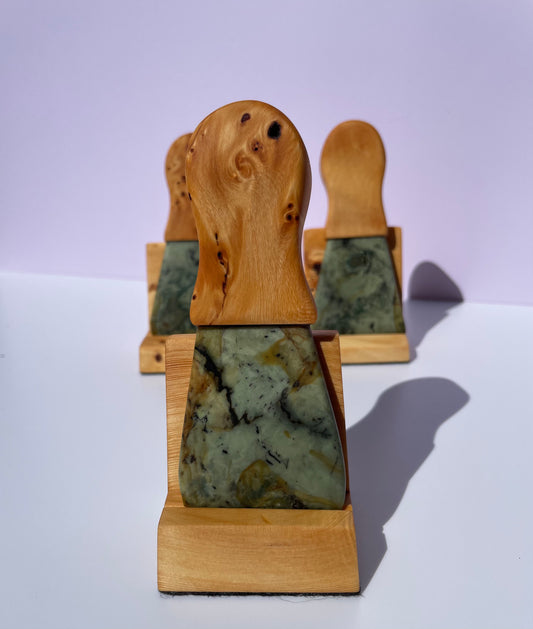 Tasmanian Jade & Black Magnetite cheese blade with Birdseye Huon Pine handle & stand