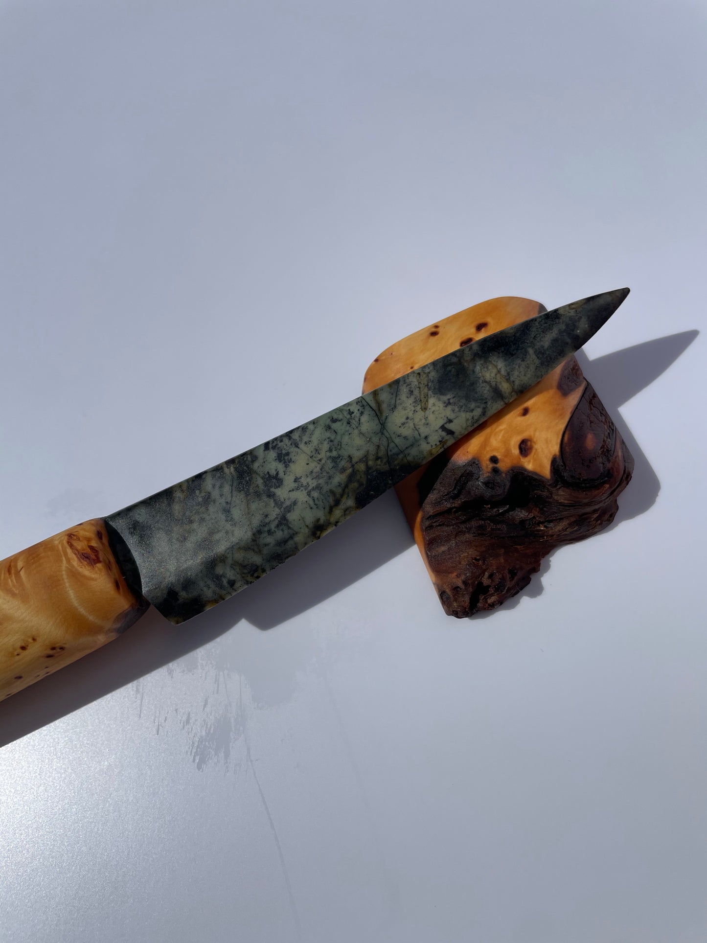 Tasmanian Jade & Black Magnetite knife with Tasmanian Birdseye Huon Pine handle & stand