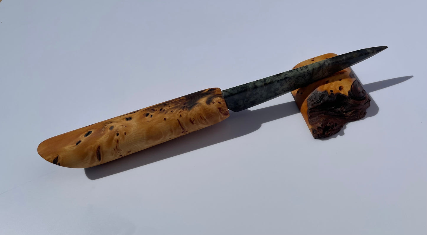 Tasmanian Jade & Black Magnetite knife with Tasmanian Birdseye Huon Pine handle & stand