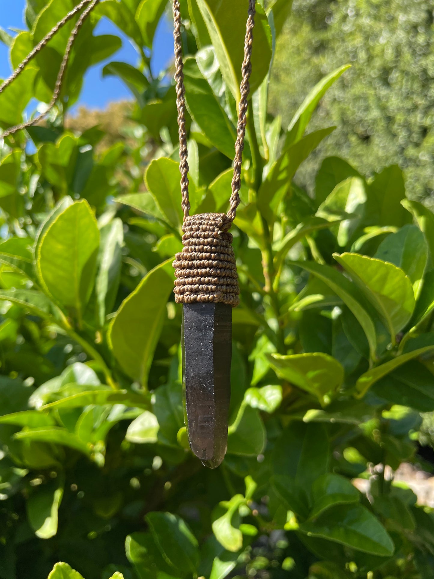 Raw Tasmanian Smokey Quartz point macrame necklace