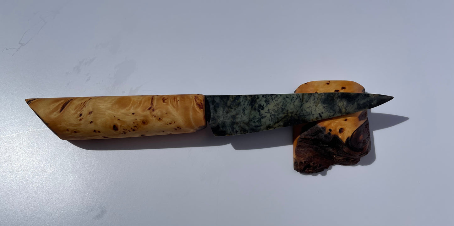 Tasmanian Jade & Black Magnetite knife with Tasmanian Birdseye Huon Pine handle & stand