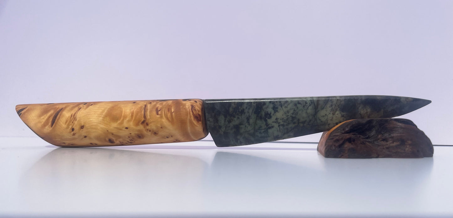 Tasmanian Jade & Black Magnetite knife with Tasmanian Birdseye Huon Pine handle & stand